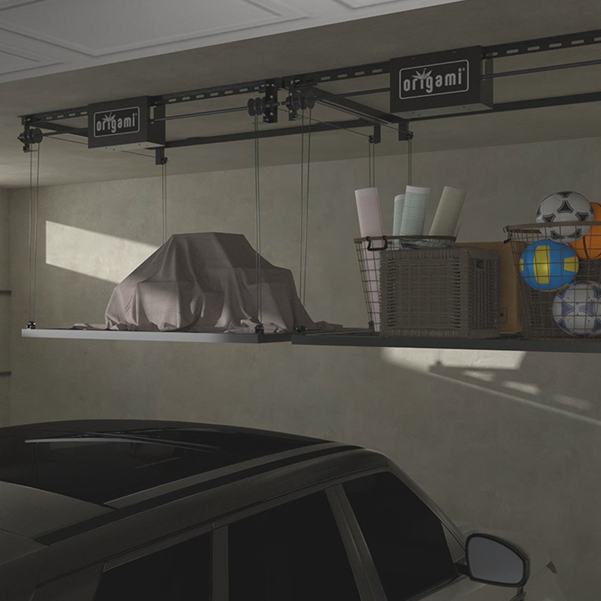 Origami Motorized Garage Storage Shelf | The Container Store